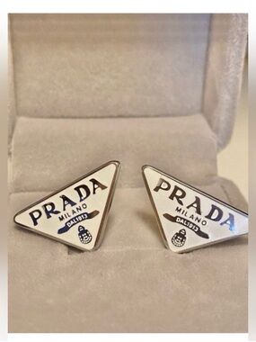 Prada White and Silver Triangle enamel Logo earrings 925 Sterling Silver